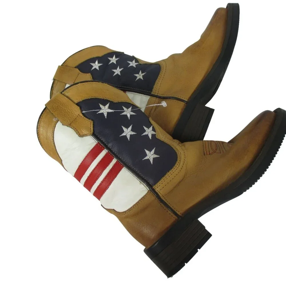 Cody James Toddler Boys' USA Flag Leather Western Boots Broad Square Toe Brown